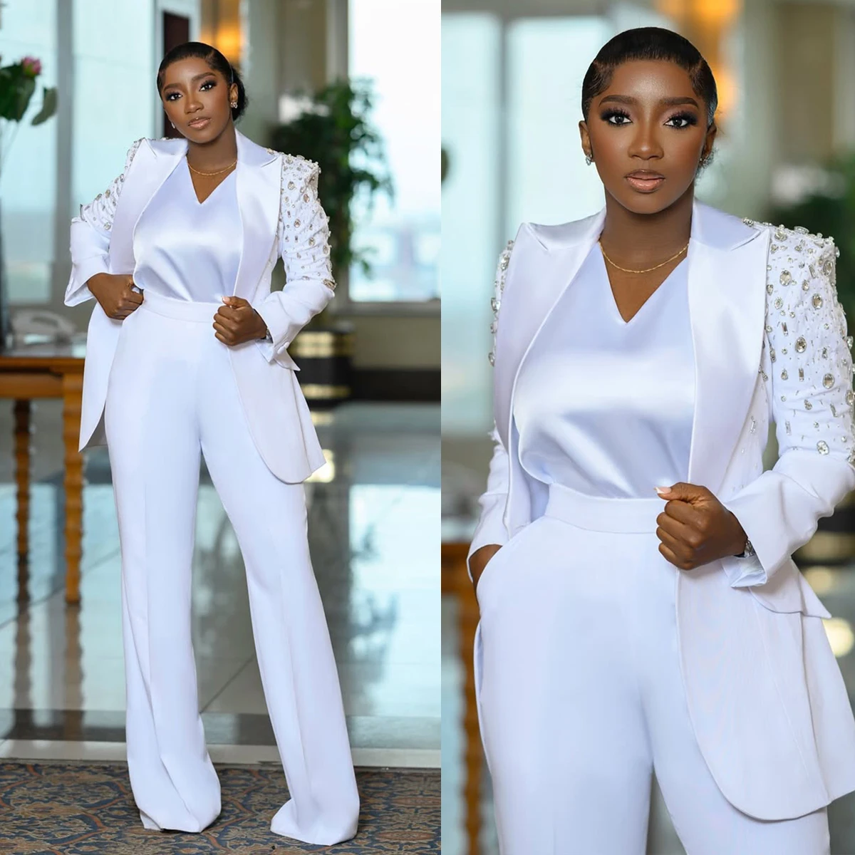 Solid White Women Suits 2 Pieces Crystal Beads Blazer & Pants Customized Wedding Tuxedo Evening Cocktail Celebrity Outfit
Solid White Women Suits 2 Pieces Crystal Beads Blazer & Pants Customized Wedding Tuxedo Evening Cocktail Celebrity Outfit