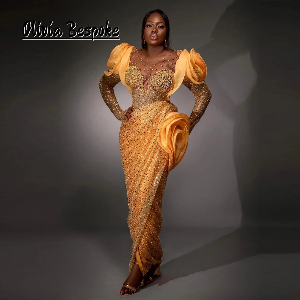 Fancy Aso Ebi Gold Beading Evening Dress Long Sleeves Ruched Shoulder Formal Gown For Wedding Party Mermaid African Customized
Fancy Aso Ebi Gold Beading Evening Dress Long Sleeves Ruched Shoulder Formal Gown For Wedding Party Mermaid African Customized