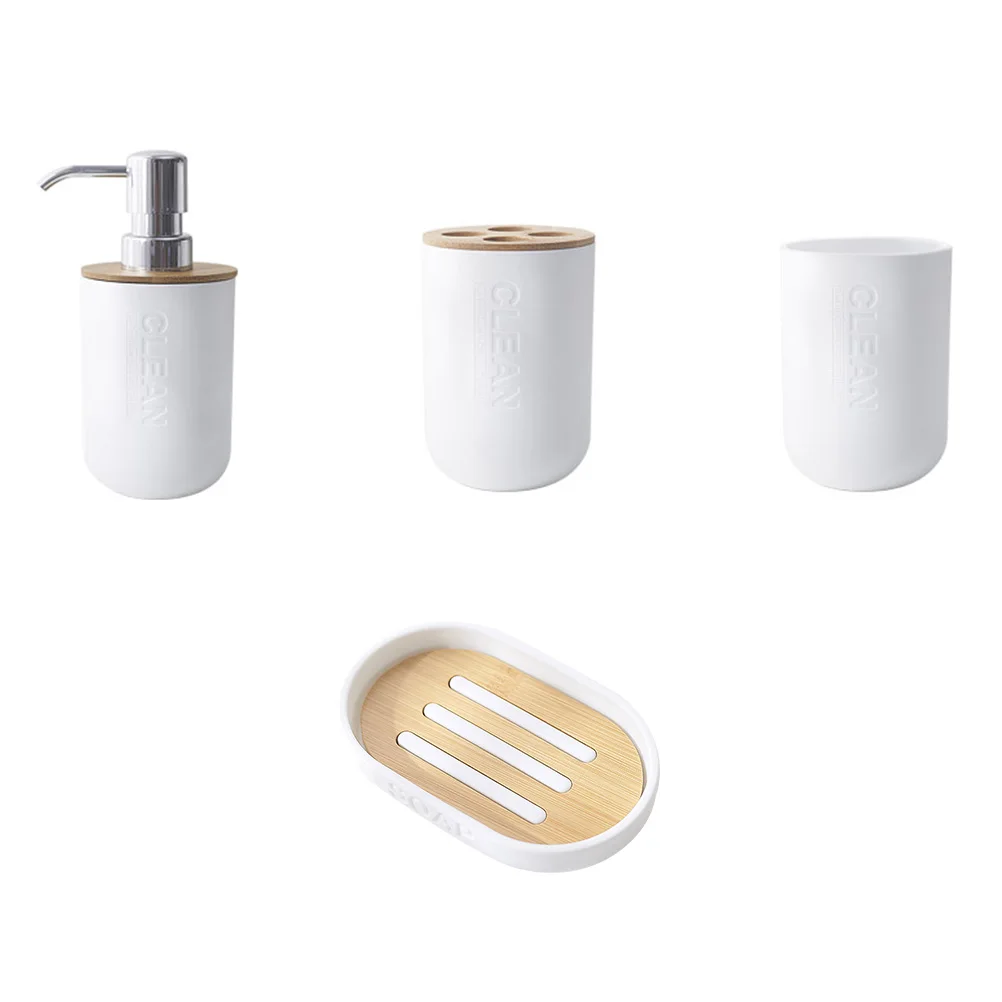 Bathroom Accessories 4 Piece Set Plastic Bamboo Sanitary Holder Toothbrush Cup Lotion Bottle Easy Clean Design
Bathroom Accessories 4 Piece Set Plastic Bamboo Sanitary Holder Toothbrush Cup Lotion Bottle Easy Clean Design
