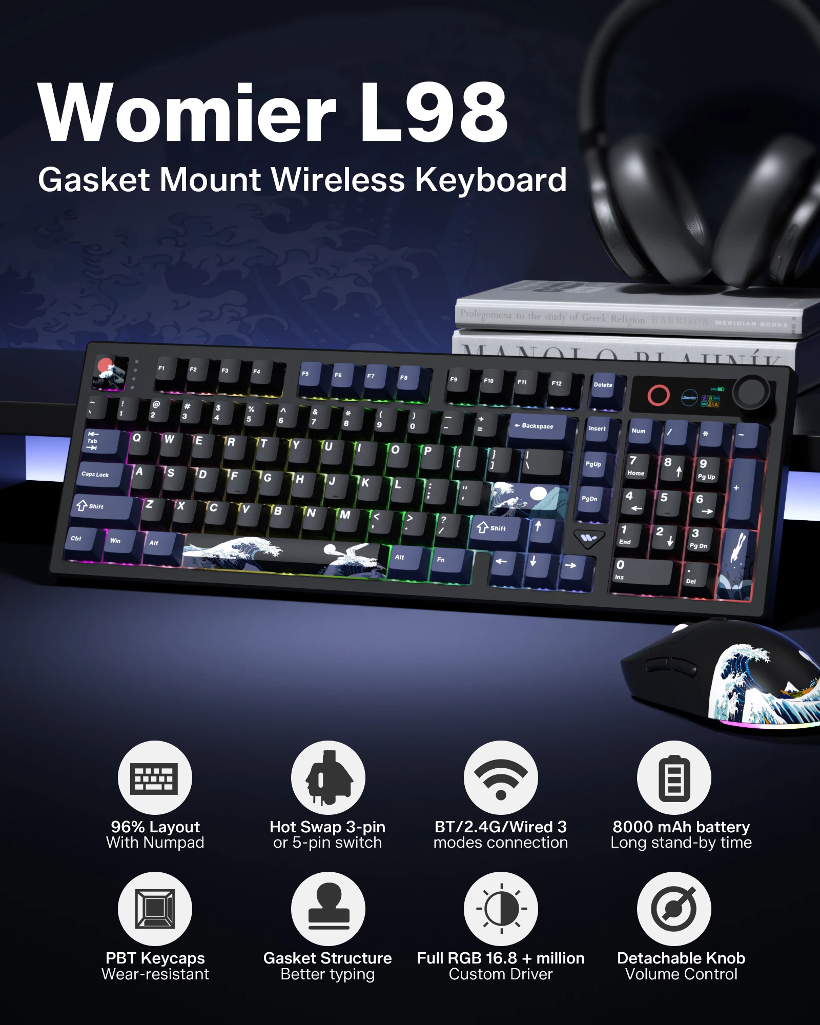 Womier L98 Tri-Mode Wireless Mechanical Keyboard with Screen & Knob Hot-Swappable RGB Backlit for PC/Mac Gamer
Womier L98 Tri-Mode Wireless Mechanical Keyboard with Screen & Knob Hot-Swappable RGB Backlit for PC/Mac Gamer