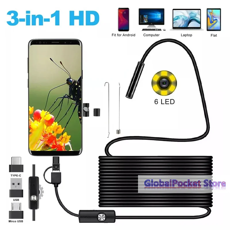 5.5MM Android Endoscope Camera 3 IN1 Micro USB Type C Borescope Mini Camera Waterproof LED Car Inspection For HUAWEI XIAOMI PC
5.5MM Android Endoscope Camera 3 IN1 Micro USB Type C Borescope Mini Camera Waterproof LED Car Inspection For HUAWEI XIAOMI PC