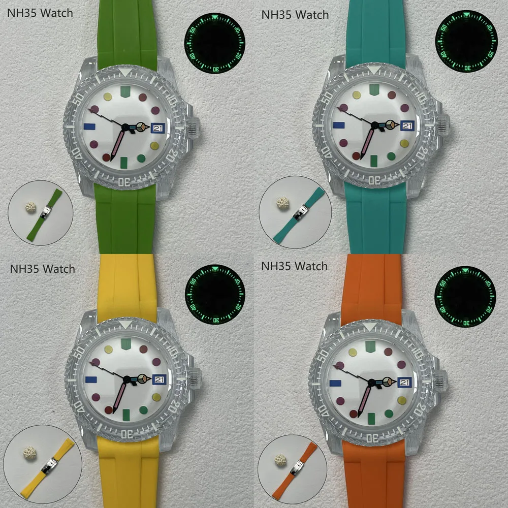 40.5mm fashionable men's NH35 watch with acrylic luminous case colored rubber strap and Japan NH35 automatic mechanical movement
40.5mm fashionable men's NH35 watch with acrylic luminous case colored rubber strap and Japan NH35 automatic mechanical movement