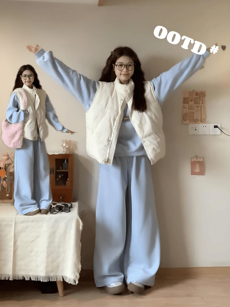 Winter Fashion Blue Sweatshirt White Layering Vest High Waist Wide Leg Casual Pants Women's Three Piece Set Casual Outfit
Winter Fashion Blue Sweatshirt White Layering Vest High Waist Wide Leg Casual Pants Women's Three Piece Set Casual Outfit