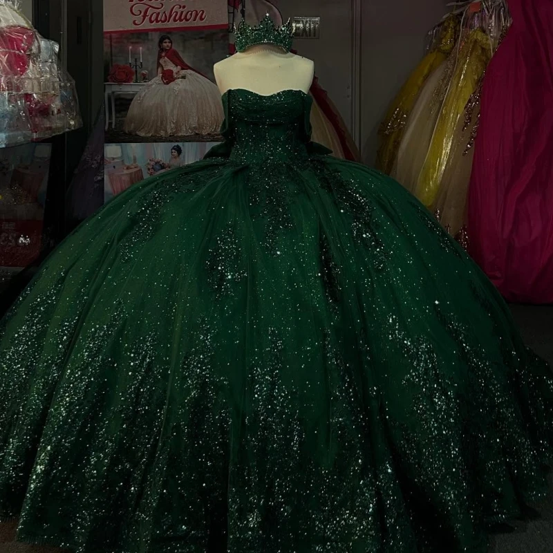 Blackish Green Shiny Quinceanera Dresses Ball Gown Off The Shoulder Applique Lace Beading Crystal Bow Tull Corset Sweet 16 Dress
Blackish Green Shiny Quinceanera Dresses Ball Gown Off The Shoulder Applique Lace Beading Crystal Bow Tull Corset Sweet 16 Dress