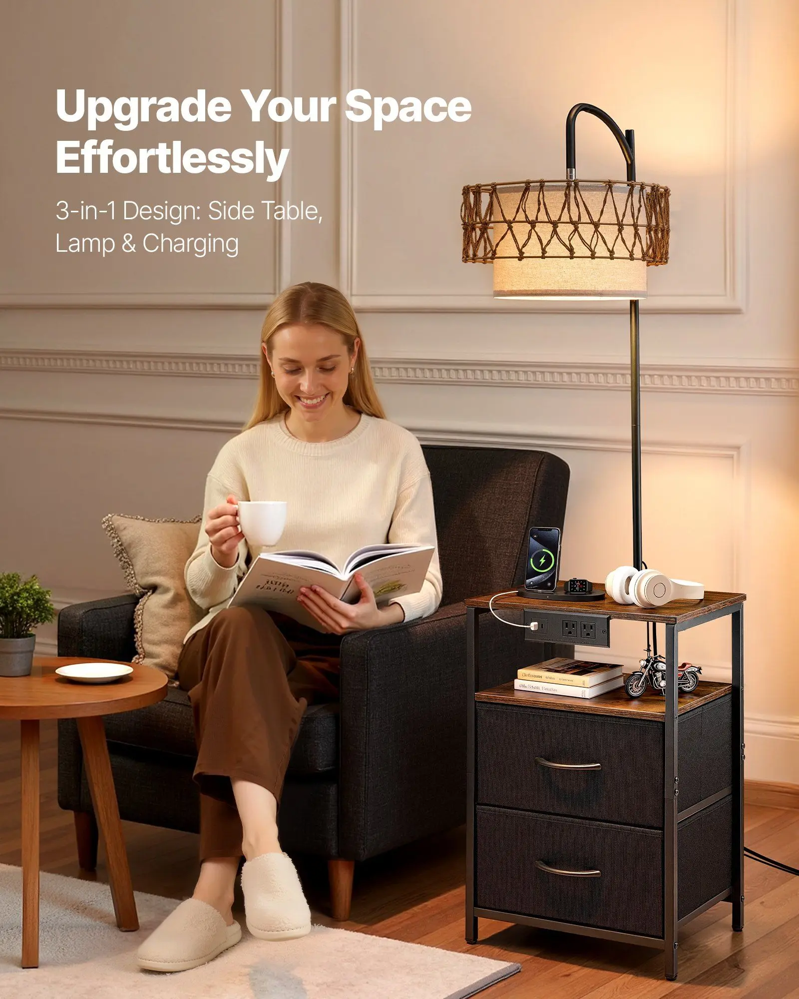Floor Lamp with Table, 2-Tier End Table with 2 Drawers and 3 Color Temperature LED Bulb, Modern Side Nightstand Bedside Desk with USB & Type C & AC Charging Port for Living Room, Bedroom, Dorm
Floor Lamp with Table, 2-Tier End Table with 2 Drawers and 3 Color Temperature LED Bulb, Modern Side Nightstand Bedside Desk with USB & Type C & AC Charging Port for Living Room, Bedroom, Dorm