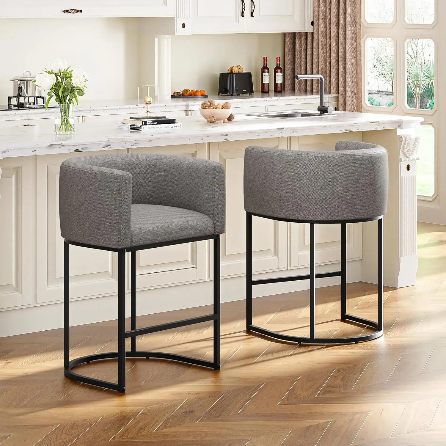 26" H Counter Height Bar Stools Set of 2, Modern Barrel Counter Stools with Backrest and Arms, Linen Fabric Upholstered Accen
26" H Counter Height Bar Stools Set of 2, Modern Barrel Counter Stools with Backrest and Arms, Linen Fabric Upholstered Accen