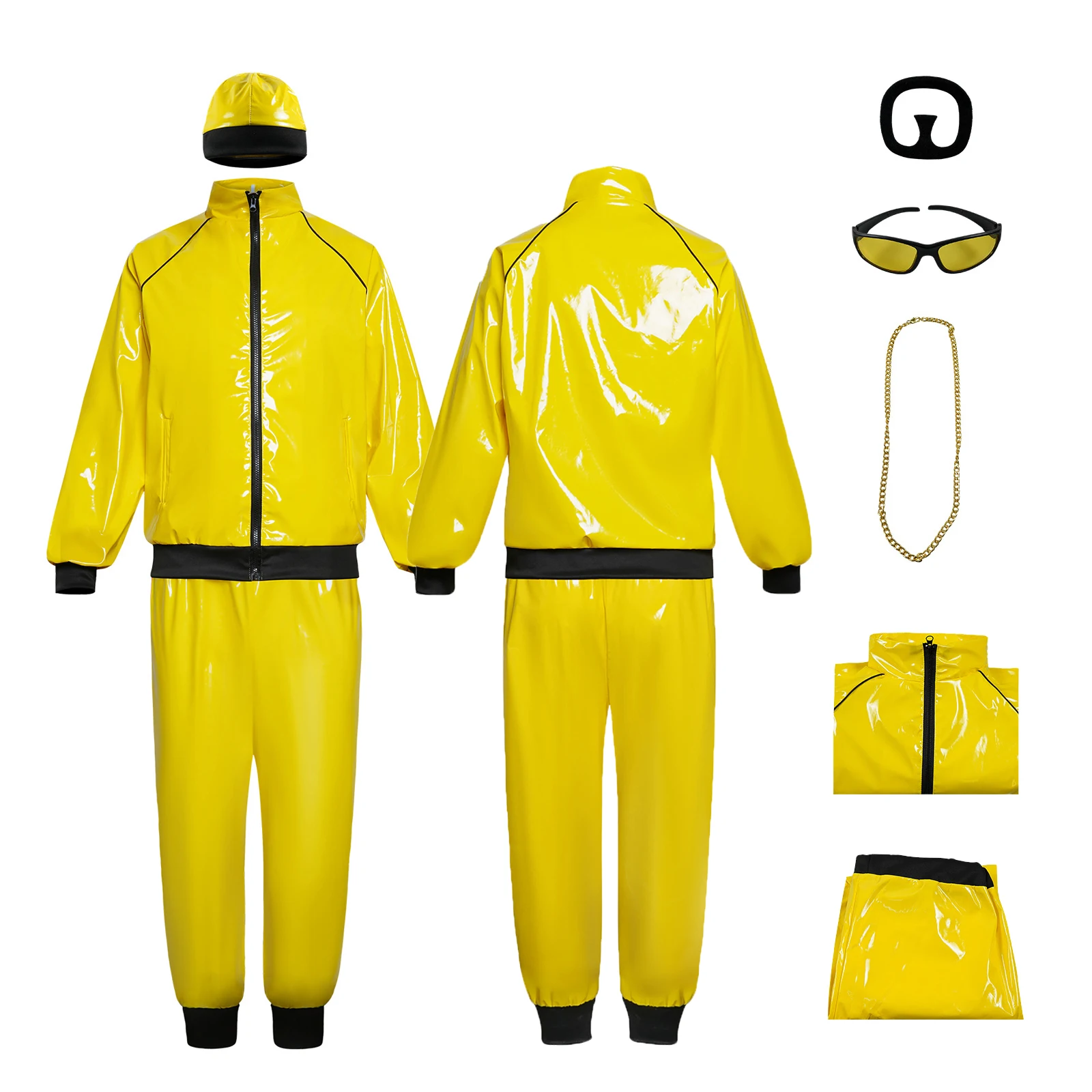 70s Disco Outfit Hip Hop Yellow Glossy PU Leather Jacket Pants Set Hippie Teenage Costume with Glasses Beard Necklace Complete
70s Disco Outfit Hip Hop Yellow Glossy PU Leather Jacket Pants Set Hippie Teenage Costume with Glasses Beard Necklace Complete