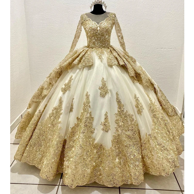 Champagne Gold Quinceanera Dresses Ball Gown Long Sleeve Girls Princess Beading Satin Prom Dress Sweet 16 Dresses for 15 Year
Champagne Gold Quinceanera Dresses Ball Gown Long Sleeve Girls Princess Beading Satin Prom Dress Sweet 16 Dresses for 15 Year