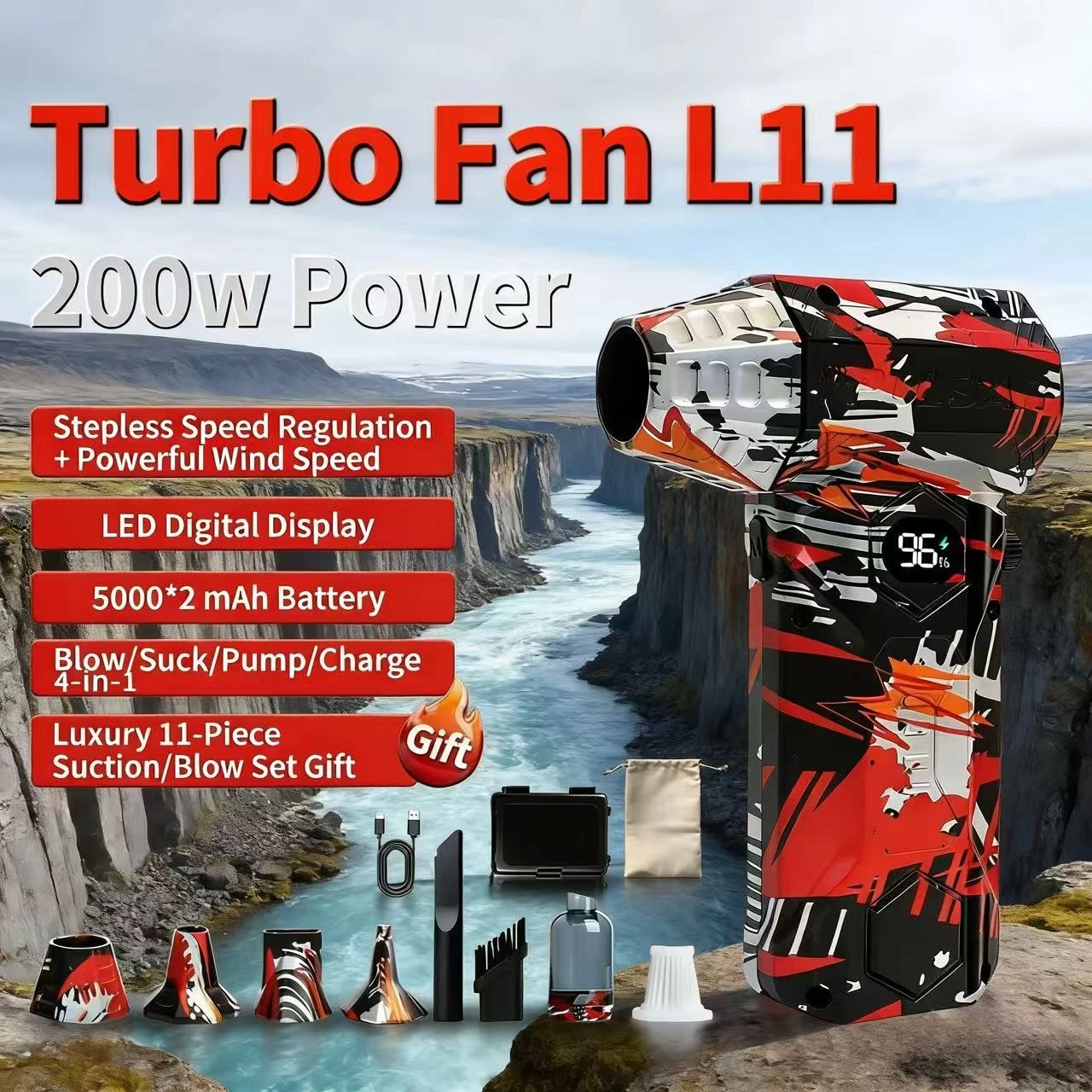 L11 Мощный воздуходувка 850000 об/мин Бесщеточный жестокий вентилятор Вакуумный пылеочиститель Сильный ветер 53 м/с Турбоструйный вентилятор Type-C
L11 Мощный воздуходувка 850000 об/мин Бесщеточный жестокий вентилятор Вакуумный пылеочиститель Сильный ветер 53 м/с Турбоструйный вентилятор Type-C