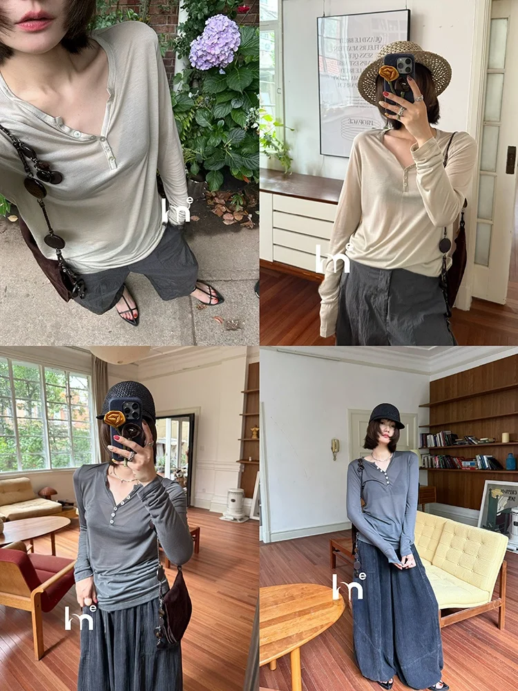 EMH Loose Henry Collar Cool Feeling Lyocell Lightweight Long Sve Draped Slimming Sun Protection Base irt T-irt
EMH Loose Henry Collar Cool Feeling Lyocell Lightweight Long Sve Draped Slimming Sun Protection Base irt T-irt