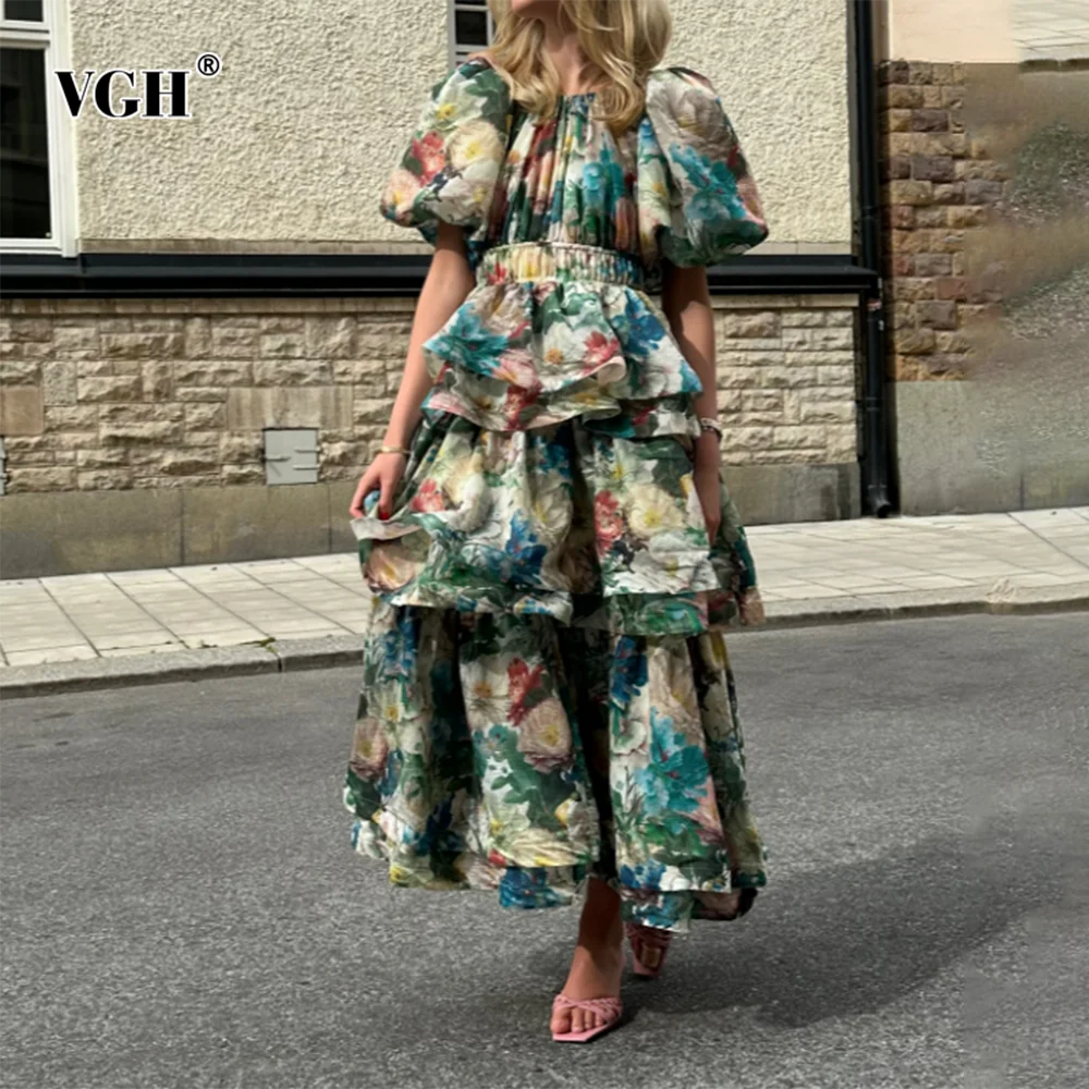VGH Retro Printing Slimming Long Dresses For Women Round Neck Puff Sleeve High Waist Folds Temperament Dress Female Fashion New
VGH Retro Printing Slimming Long Dresses For Women Round Neck Puff Sleeve High Waist Folds Temperament Dress Female Fashion New