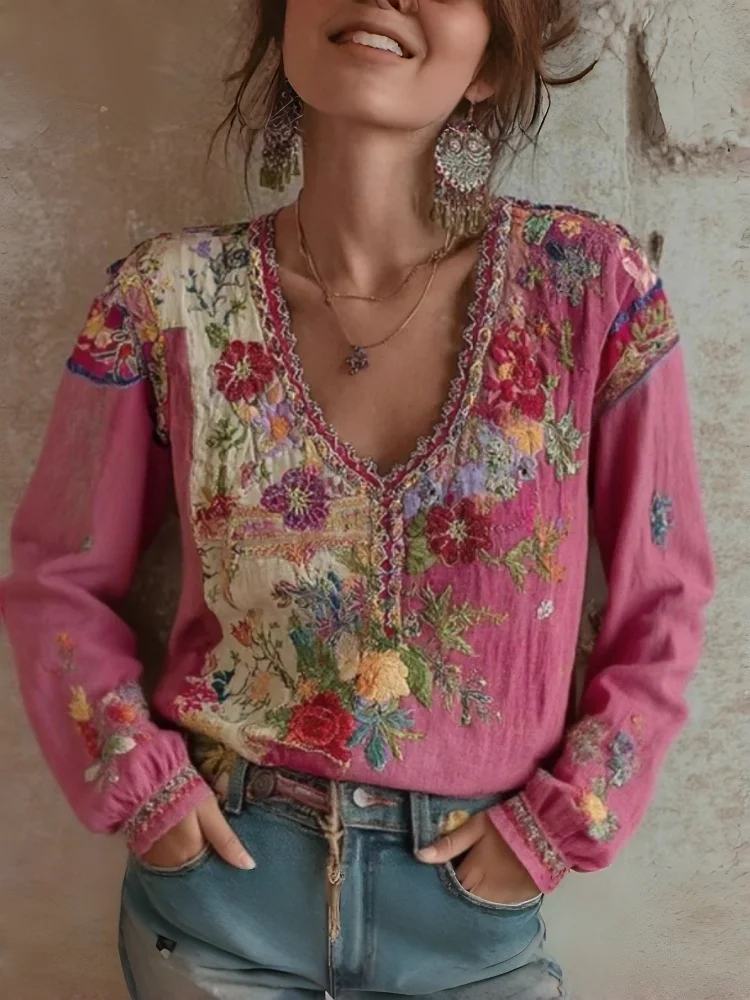 2026 Spring New Women's Ethnic Vintage Floral Embroidery Blouse Pink Print Round Neck Long Sleeve Loose Casual Tops
2026 Spring New Women's Ethnic Vintage Floral Embroidery Blouse Pink Print Round Neck Long Sleeve Loose Casual Tops