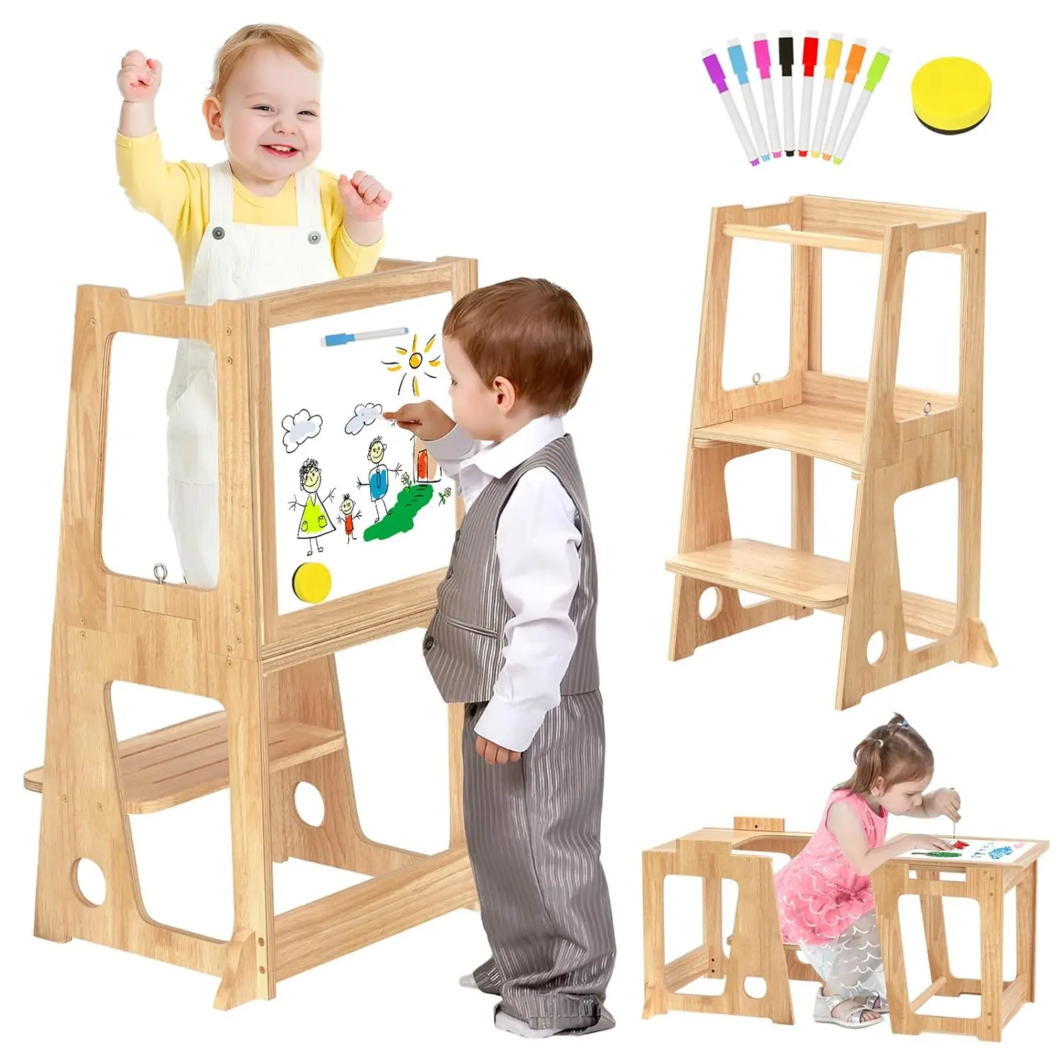4 In 1 Kids Toddler Kitchen Stool Helper With Double-Sided Whiteboard, Wooden Toddler Learning Standing Tower, Non-Skid Feet
4 In 1 Kids Toddler Kitchen Stool Helper With Double-Sided Whiteboard, Wooden Toddler Learning Standing Tower, Non-Skid Feet