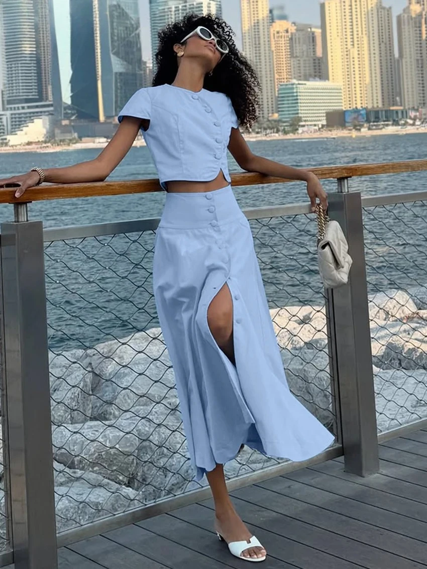 DINADD Summer Loose Blue Cotton Women's Two Pieces Set 2025 Fashion Short Sleeve Crop Top With High Waist Long Skirt Set Female
DINADD Summer Loose Blue Cotton Women's Two Pieces Set 2025 Fashion Short Sleeve Crop Top With High Waist Long Skirt Set Female