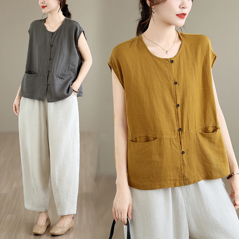 Summer Cotton Linen Loose Fit Thin Sleeveless Vest Women's Commute Outerwear Pure Color Open Cardigan Artistic round Neck
Summer Cotton Linen Loose Fit Thin Sleeveless Vest Women's Commute Outerwear Pure Color Open Cardigan Artistic round Neck