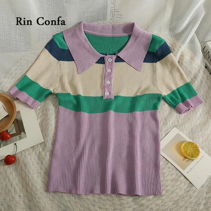 Rin Confa Stripe Turndown Collar Top Women Korean Version Contrast Color Summer New Style Thin T-Shirt All-Match Knitting Top
Rin Confa Stripe Turndown Collar Top Women Korean Version Contrast Color Summer New Style Thin T-Shirt All-Match Knitting Top