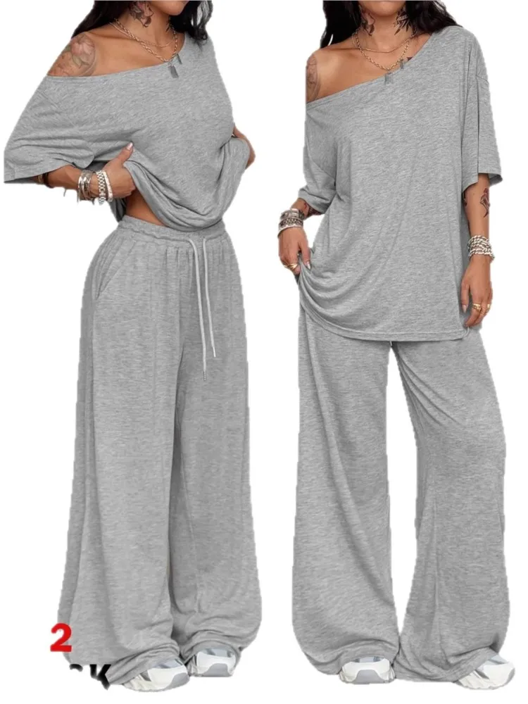 Off-shoulder Wide-leg Pants Suit Summer Women's Casual Sports Short-sleeved Two-piece Loose Trousers Woman 2 Piece Set Outfit
Off-shoulder Wide-leg Pants Suit Summer Women's Casual Sports Short-sleeved Two-piece Loose Trousers Woman 2 Piece Set Outfit