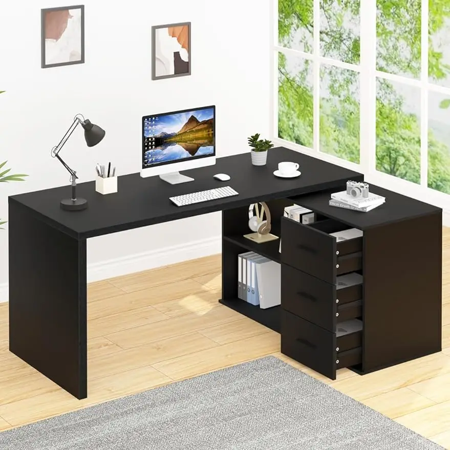 Black L Shaped Desk with Drawers Shelves, 360 Rotating Home Office Desk L Shape with Storage Cabinet, Corner Wood Computer T
Black L Shaped Desk with Drawers Shelves, 360 Rotating Home Office Desk L Shape with Storage Cabinet, Corner Wood Computer T