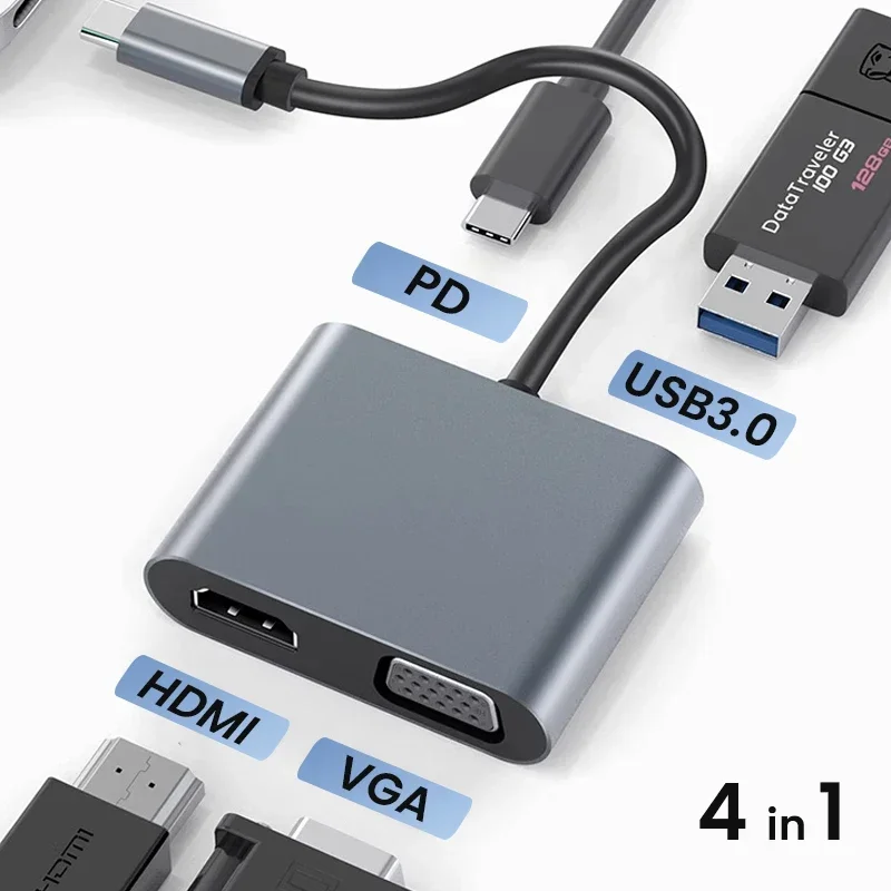 4K HDMI VGA Adapter with USB 3.0 and 60W Power Delivery, USB C Hub 4 in 1, Type C Dongle for MacBook Pro Laptop
4K HDMI VGA Adapter with USB 3.0 and 60W Power Delivery, USB C Hub 4 in 1, Type C Dongle for MacBook Pro Laptop