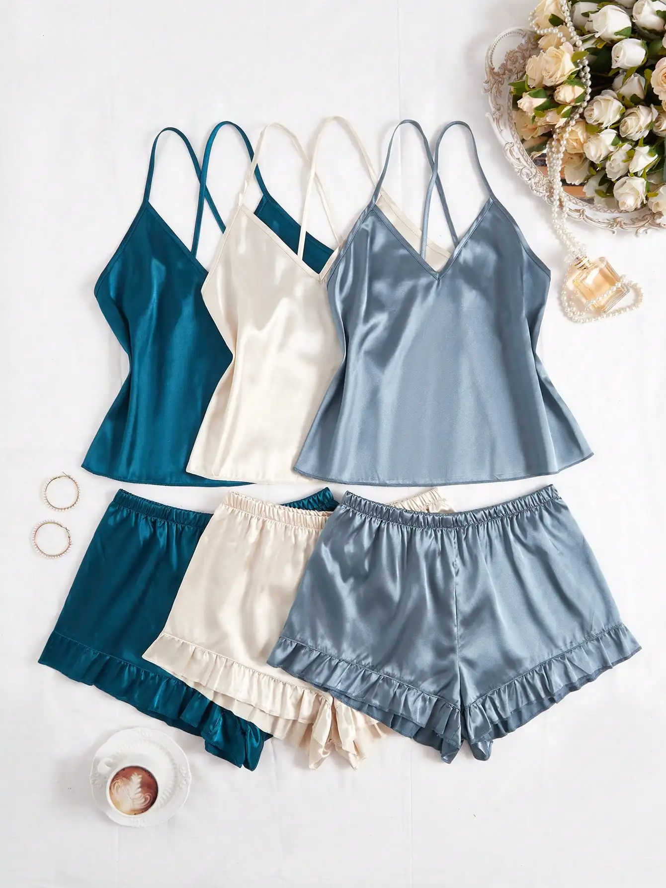 3-Piece Solid Color Satin-Like Cami Top & Ruffle Hem Shorts Pajama Set
3-Piece Solid Color Satin-Like Cami Top & Ruffle Hem Shorts Pajama Set
