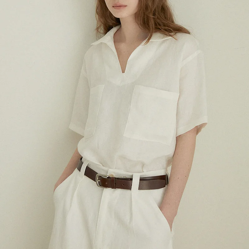 100% Linen V-Neck Shirt Women's Summer New Simple Solid Color Short-Sleeved Shirts Light Blouse Top Mujer
100% Linen V-Neck Shirt Women's Summer New Simple Solid Color Short-Sleeved Shirts Light Blouse Top Mujer