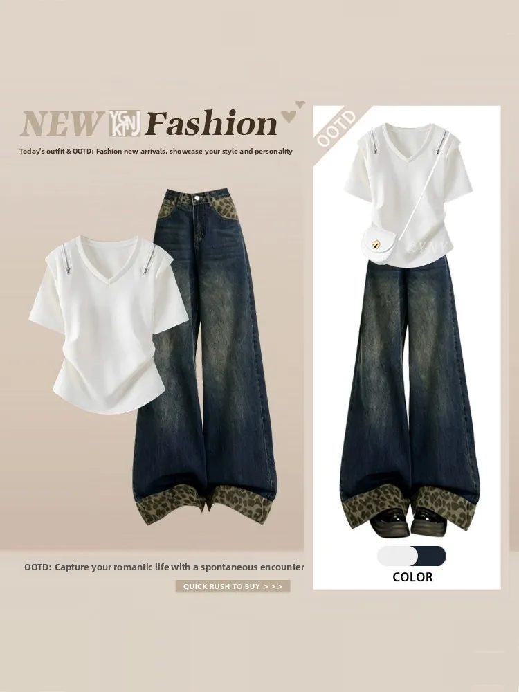White Simple Splice Shoulder Casual Short Sleeve T-Shirt Top High Waist Wide Leg Denim Pants Two Piece Set Summer Leopard Print
White Simple Splice Shoulder Casual Short Sleeve T-Shirt Top High Waist Wide Leg Denim Pants Two Piece Set Summer Leopard Print
