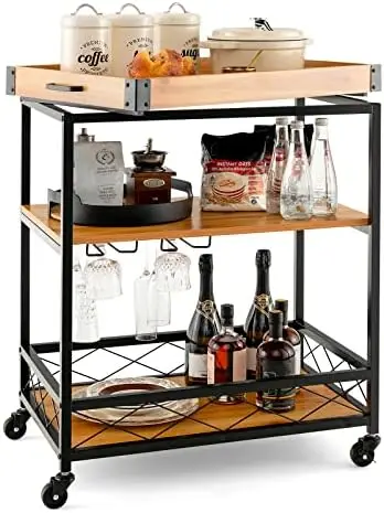 Cart on Wheels, Mobile Serving Cart 3-Tier w/Removable Tray, Glass Holder, Open Shelves for Wine Liquor Beverage , Rolling Islan
Cart on Wheels, Mobile Serving Cart 3-Tier w/Removable Tray, Glass Holder, Open Shelves for Wine Liquor Beverage , Rolling Islan