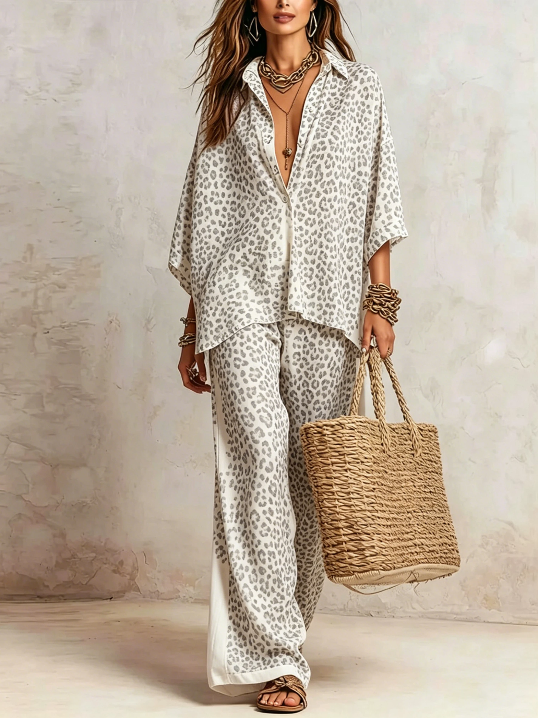 Women's Leopard Print 2-Piece Outfit 3/4 Sleeve Button-Down Shirt High Waist Wide Leg Pants Casual Summer Co-ord Matching Set
Women's Leopard Print 2-Piece Outfit 3/4 Sleeve Button-Down Shirt High Waist Wide Leg Pants Casual Summer Co-ord Matching Set