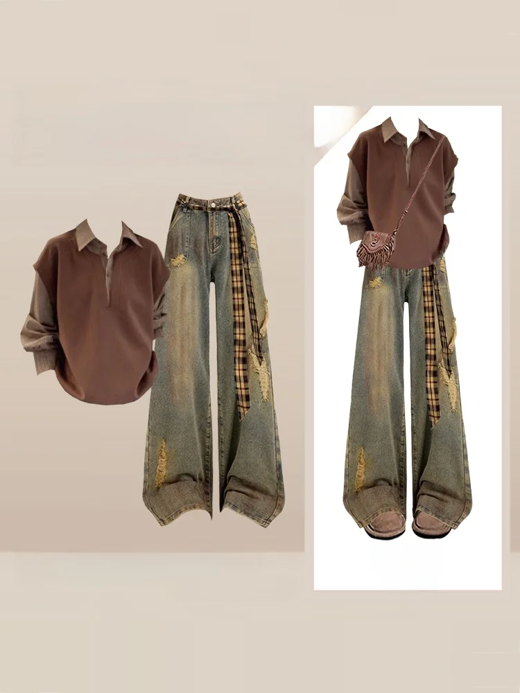 Retro Patchwork Knitted Cardigan Plaid Belted Denim Pants Set Winter American High-End Feelings Complete Outfit Women's Fashion
Retro Patchwork Knitted Cardigan Plaid Belted Denim Pants Set Winter American High-End Feelings Complete Outfit Women's Fashion
