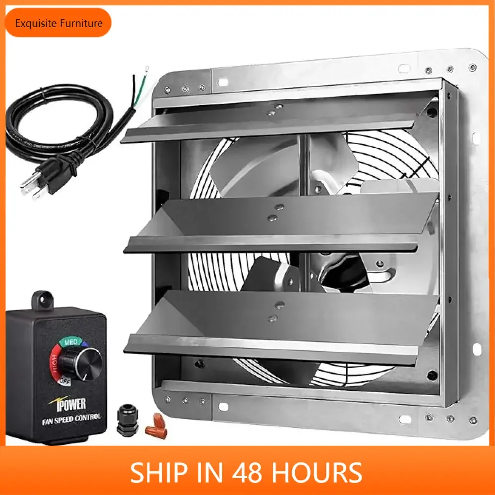 14 Inch Wall Mounted Shutter Exhaust Fan with Speed Controller and Power Cord Kit, Aluminum, 1600 RPM, 1000 CFM, for Attic
14 Inch Wall Mounted Shutter Exhaust Fan with Speed Controller and Power Cord Kit, Aluminum, 1600 RPM, 1000 CFM, for Attic