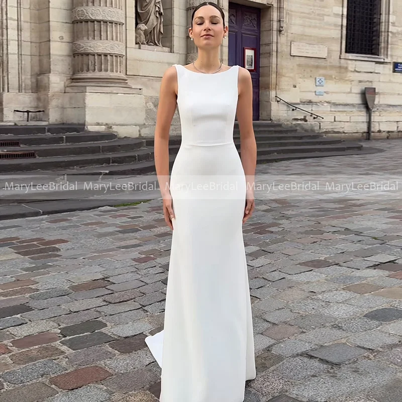Sleeveless Mermaid Wedding Dress Customized Boat Neck Long Crepe Beach Bridal Dress Open Back Sweep Train White Ivory Bride Gown
Sleeveless Mermaid Wedding Dress Customized Boat Neck Long Crepe Beach Bridal Dress Open Back Sweep Train White Ivory Bride Gown