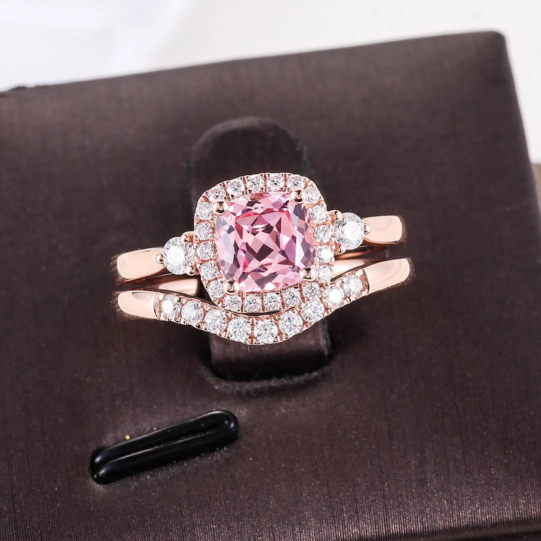 Provence 10K rose gold ring set cushion cut pink gemstones lab sapphire diamond rings Customized luxury halo wedding bridal set
Provence 10K rose gold ring set cushion cut pink gemstones lab sapphire diamond rings Customized luxury halo wedding bridal set