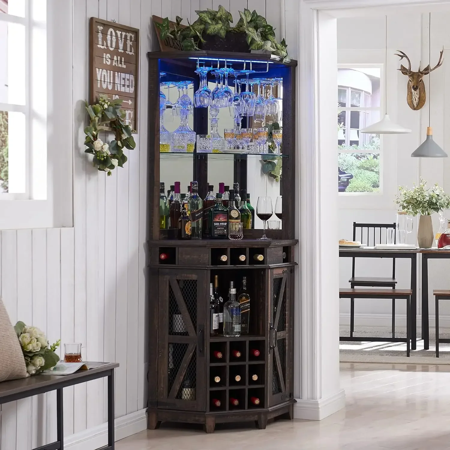 Corner Bar Storage Cabinet, 72" Tall Farmhouse Wine Bar Cabinet, Home Bar Cabinet with LED Light & Glass Rack for Living Room
Corner Bar Storage Cabinet, 72" Tall Farmhouse Wine Bar Cabinet, Home Bar Cabinet with LED Light & Glass Rack for Living Room