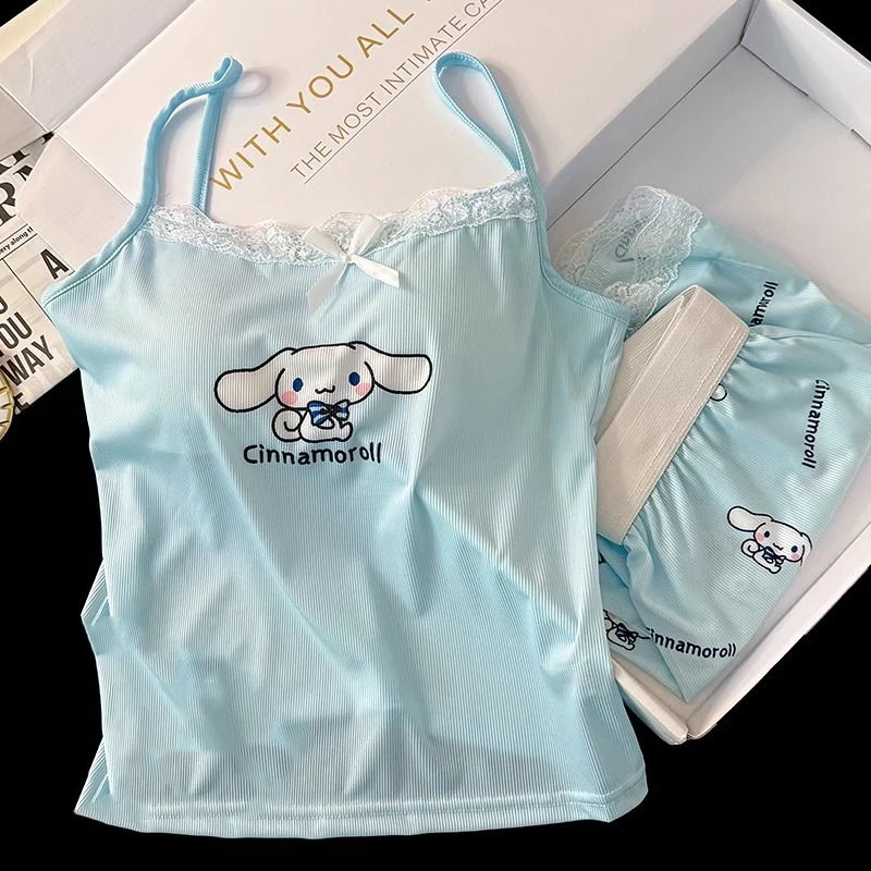 Kawaii Cinnamoroll Pajamas Female Summer ice Silk Sleeveless Halter Undershirt Sexy Two-Piece Set with Cushion Homewear Summer 
Kawaii Cinnamoroll Pajamas Female Summer ice Silk Sleeveless Halter Undershirt Sexy Two-Piece Set with Cushion Homewear Summer