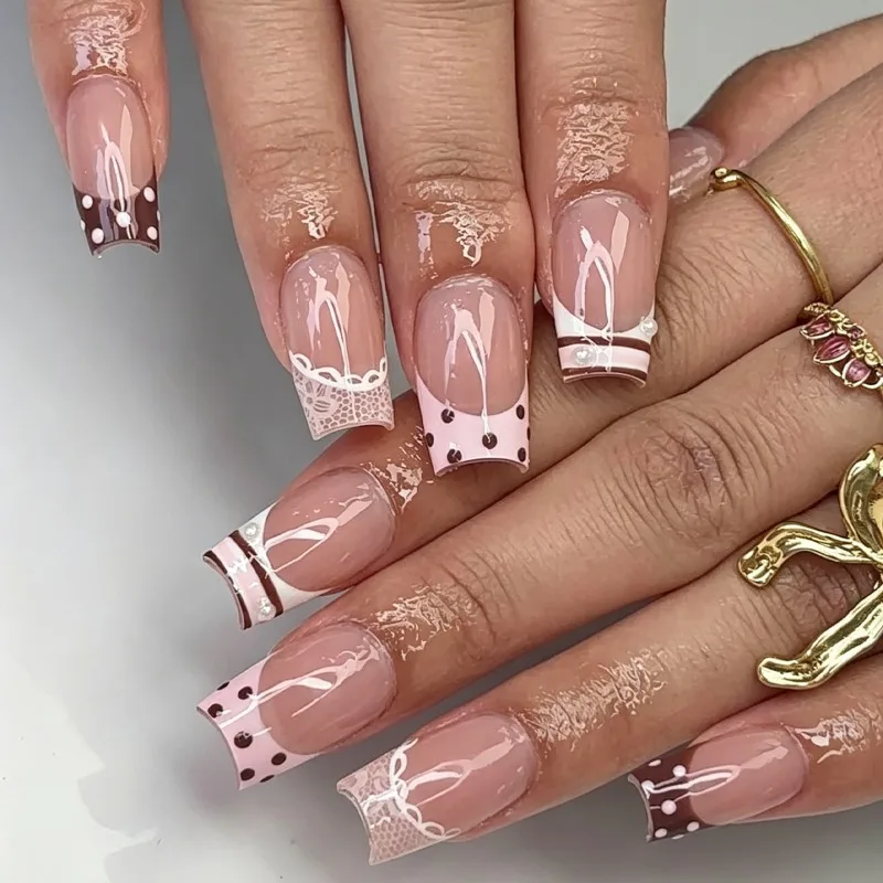 24PCS Pink French False Nails with Glue Sweet Lace Brown Polka Dots Stripes Medium Square Press on Nails Full Cover Ins Nail Art
24PCS Pink French False Nails with Glue Sweet Lace Brown Polka Dots Stripes Medium Square Press on Nails Full Cover Ins Nail Art