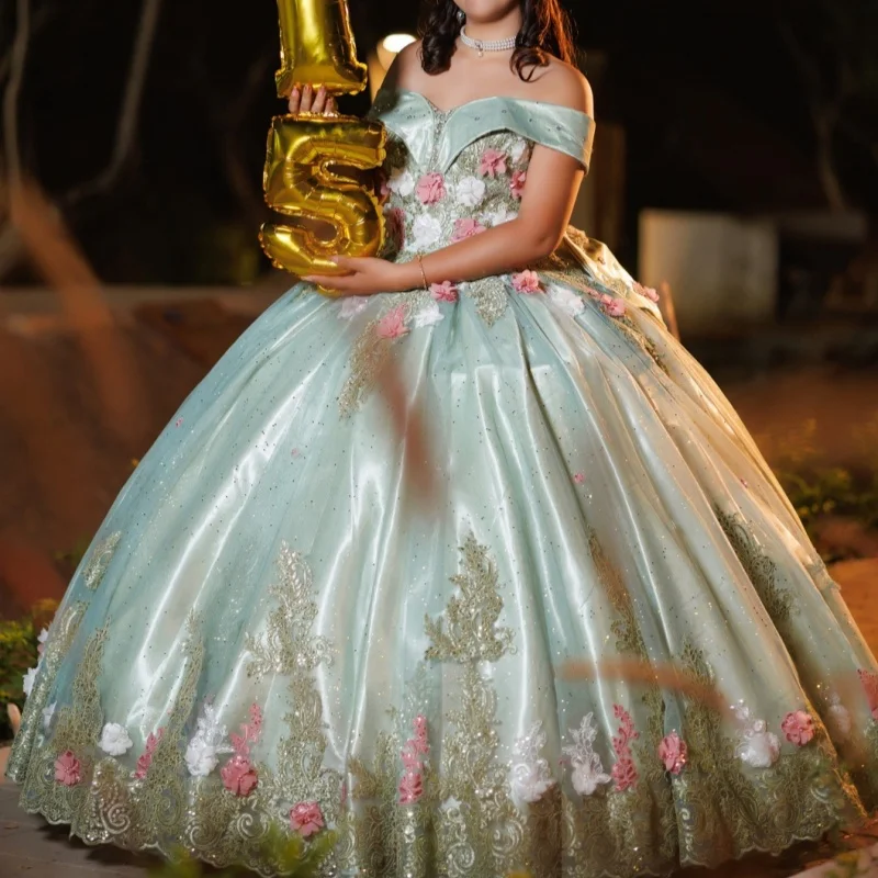 Light Green Quinceanera Dress off-shoulder Glitter 3D Flower Decal Long tail Bow vestidos de 15 Quinceanera Customize
Light Green Quinceanera Dress off-shoulder Glitter 3D Flower Decal Long tail Bow vestidos de 15 Quinceanera Customize