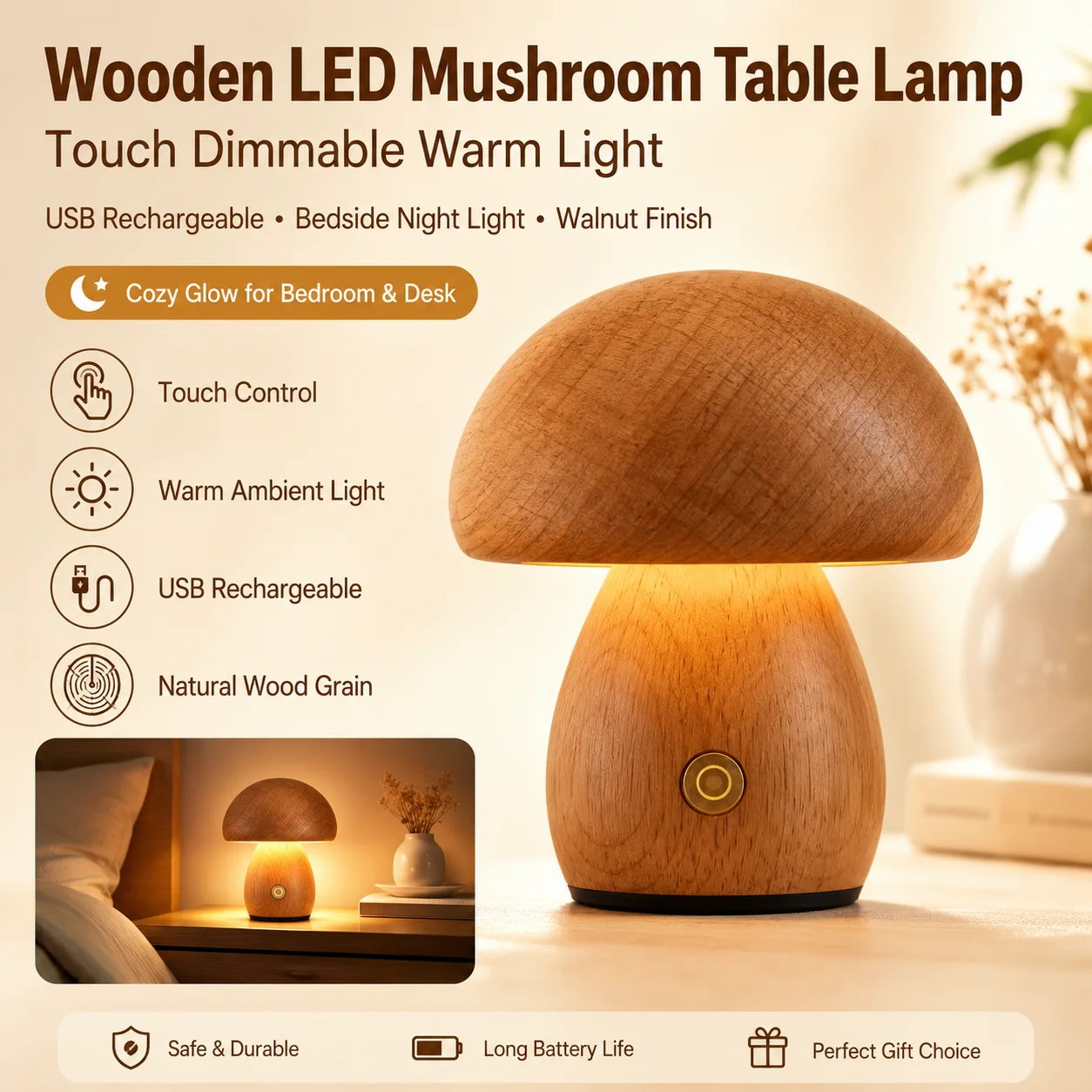 Wooden LED Mushroom Table Lamp Touch Dimmable Warm Light USB Rechargeable Bedside Night Light Walnut
Wooden LED Mushroom Table Lamp Touch Dimmable Warm Light USB Rechargeable Bedside Night Light Walnut