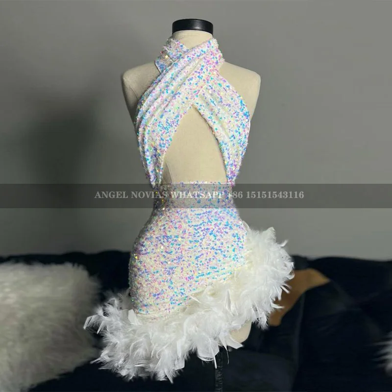 Mini Sexy White Prom Dresses with Feather Halter Neckline Vestidos De Gala Vestidos De Fiestas Elegantes Mujer Cocktail Dress
Mini Sexy White Prom Dresses with Feather Halter Neckline Vestidos De Gala Vestidos De Fiestas Elegantes Mujer Cocktail Dress