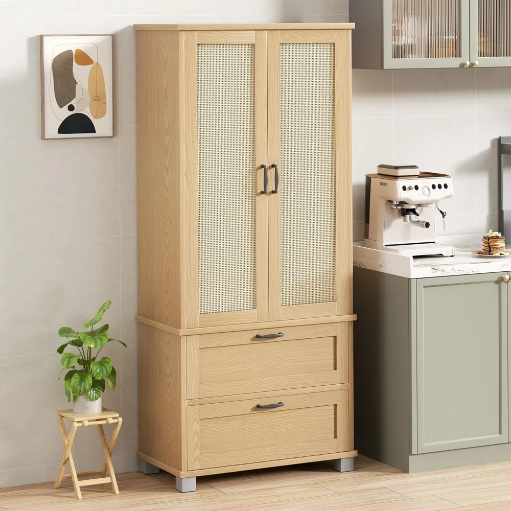 Pantry Cabinet, Wood Pantry Cabinet with Rattan Doors, Freestanding Tall Storage Cabinets, 2 Drawers,Wine Rack, Natural
Pantry Cabinet, Wood Pantry Cabinet with Rattan Doors, Freestanding Tall Storage Cabinets, 2 Drawers,Wine Rack, Natural