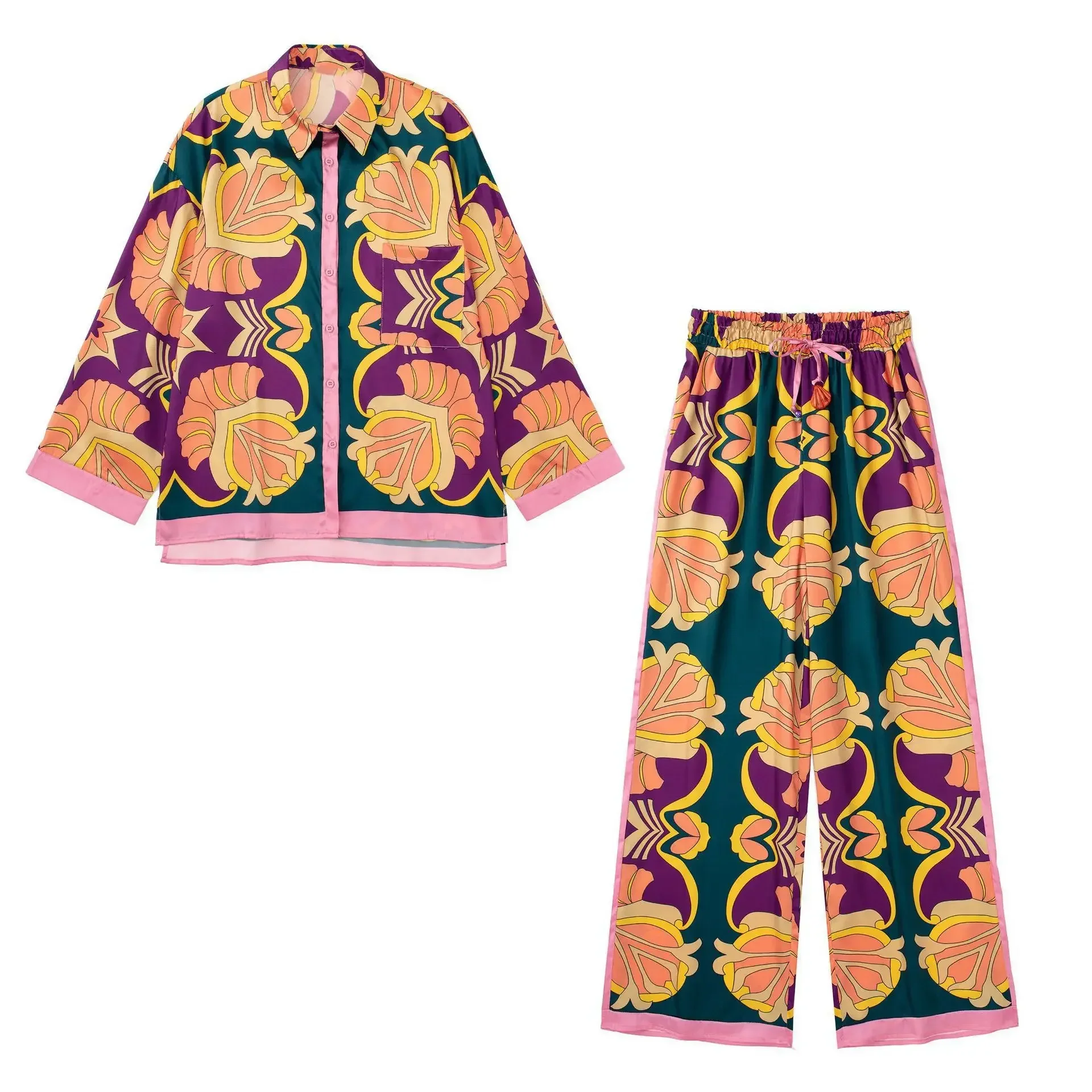 Loose Satin Sleepwear for Women Fashion Print Vintage Pajamas Set 2 Pcs Long Sleeve Pants Female Homewear Chic Summer Suit
Loose Satin Sleepwear for Women Fashion Print Vintage Pajamas Set 2 Pcs Long Sleeve Pants Female Homewear Chic Summer Suit