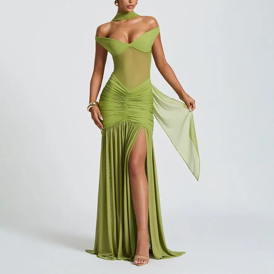 Women One Shoulder Skew Neck High Split Pleated Hem Bodycon Long Maxi Dress 2025 Evening Sexy Club Party Dresses Vestido 
Women One Shoulder Skew Neck High Split Pleated Hem Bodycon Long Maxi Dress 2025 Evening Sexy Club Party Dresses Vestido