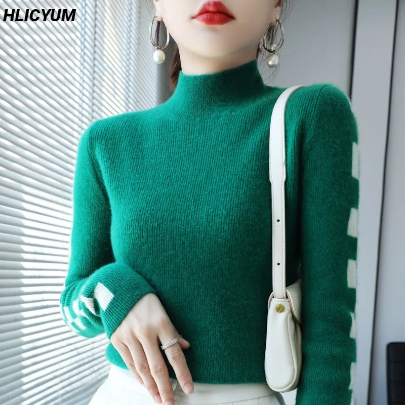 Cashmere Pullover Autumn/Winter New 100% Pure Wool Sweater Casual Stitching Half High Neck Knitwear Slim Fashion Ladies Tops
Cashmere Pullover Autumn/Winter New 100% Pure Wool Sweater Casual Stitching Half High Neck Knitwear Slim Fashion Ladies Tops