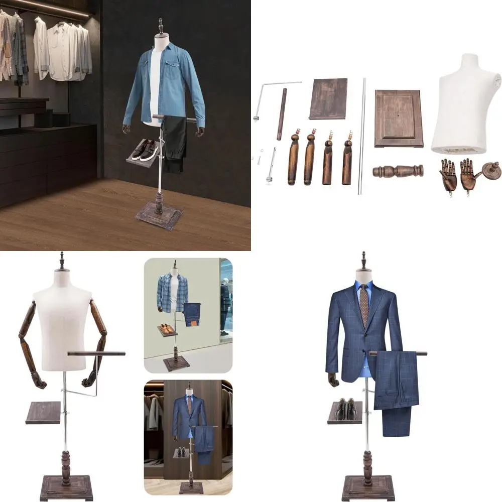 Adjustable White Male Mannequin with Stand, Wood Arm, and Shoe Rack for Clothing Display
Adjustable White Male Mannequin with Stand, Wood Arm, and Shoe Rack for Clothing Display