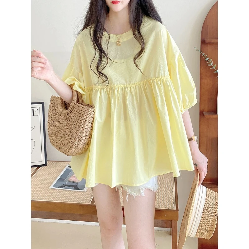 Новая женская блузка в корейском стиле: свободная плиссированная однотонная рубашка с коротким рукавом, универсальная повседневная модель для молодежи, модный ленивый стиль
Новая женская блузка в корейском стиле: свободная плиссированная однотонная рубашка с коротким рукавом, универсальная повседневная модель для молодежи, модный ленивый стиль