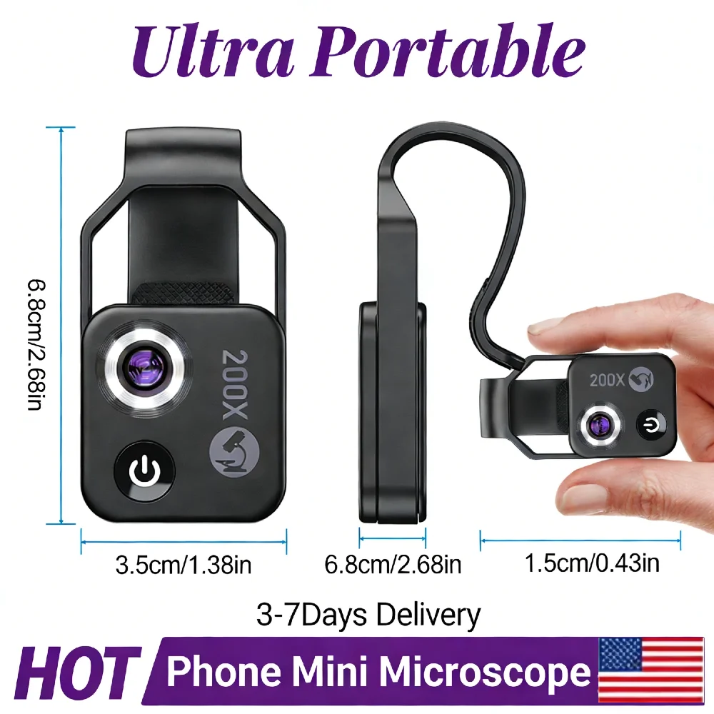 200X Digital Microscope with LED Light Universal Clip Macro Lens Adapter Clip-On for Most Smartphones 17.5g Ultra Light
200X Digital Microscope with LED Light Universal Clip Macro Lens Adapter Clip-On for Most Smartphones 17.5g Ultra Light