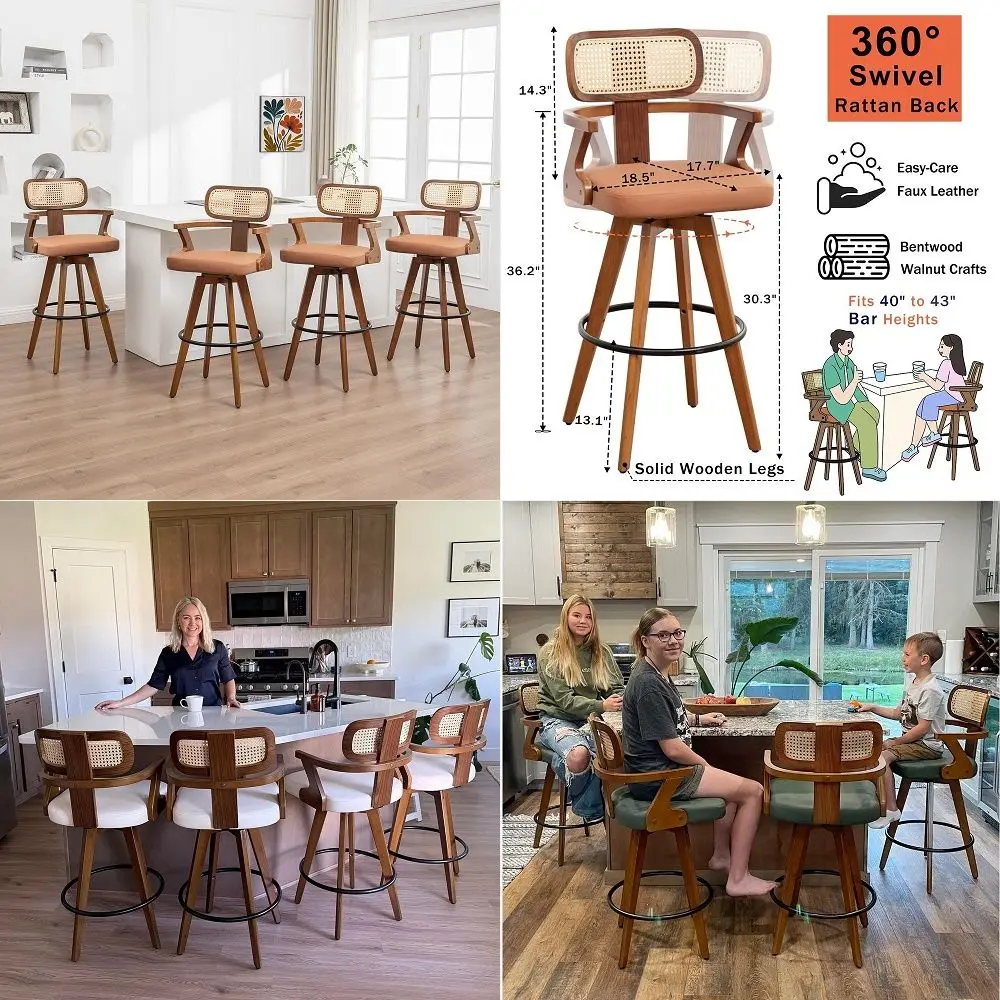 Bar Stools Set of 4 30 inch Mid Century Bar Stools with Walnut Craftsmanship, Curved Rattan Back, Upholstered Seat, Bar Height
Bar Stools Set of 4 30 inch Mid Century Bar Stools with Walnut Craftsmanship, Curved Rattan Back, Upholstered Seat, Bar Height