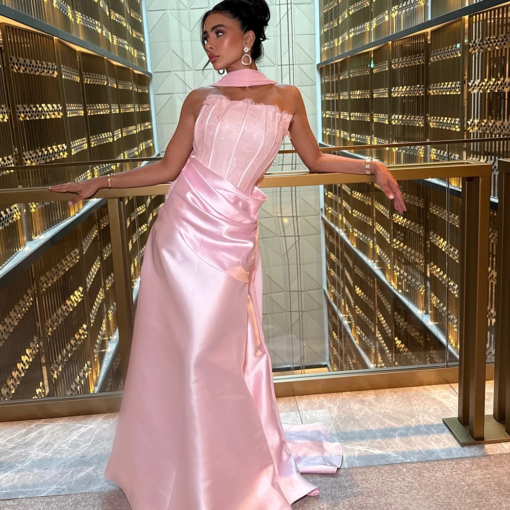 Customized Strapless Pink A-line Satin Evening Dress With Sweep Train Backless Party Dress Lace Sleeveles Floor Length Prom Gown
Customized Strapless Pink A-line Satin Evening Dress With Sweep Train Backless Party Dress Lace Sleeveles Floor Length Prom Gown