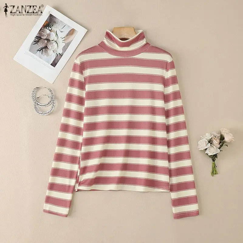 ZANZEA Korean Style Turtleneck Striped T-Shirt Women's Spring Long Sleeve Ribbed Knit Pink Pullovers Casual Basic Woman Tops
ZANZEA Korean Style Turtleneck Striped T-Shirt Women's Spring Long Sleeve Ribbed Knit Pink Pullovers Casual Basic Woman Tops