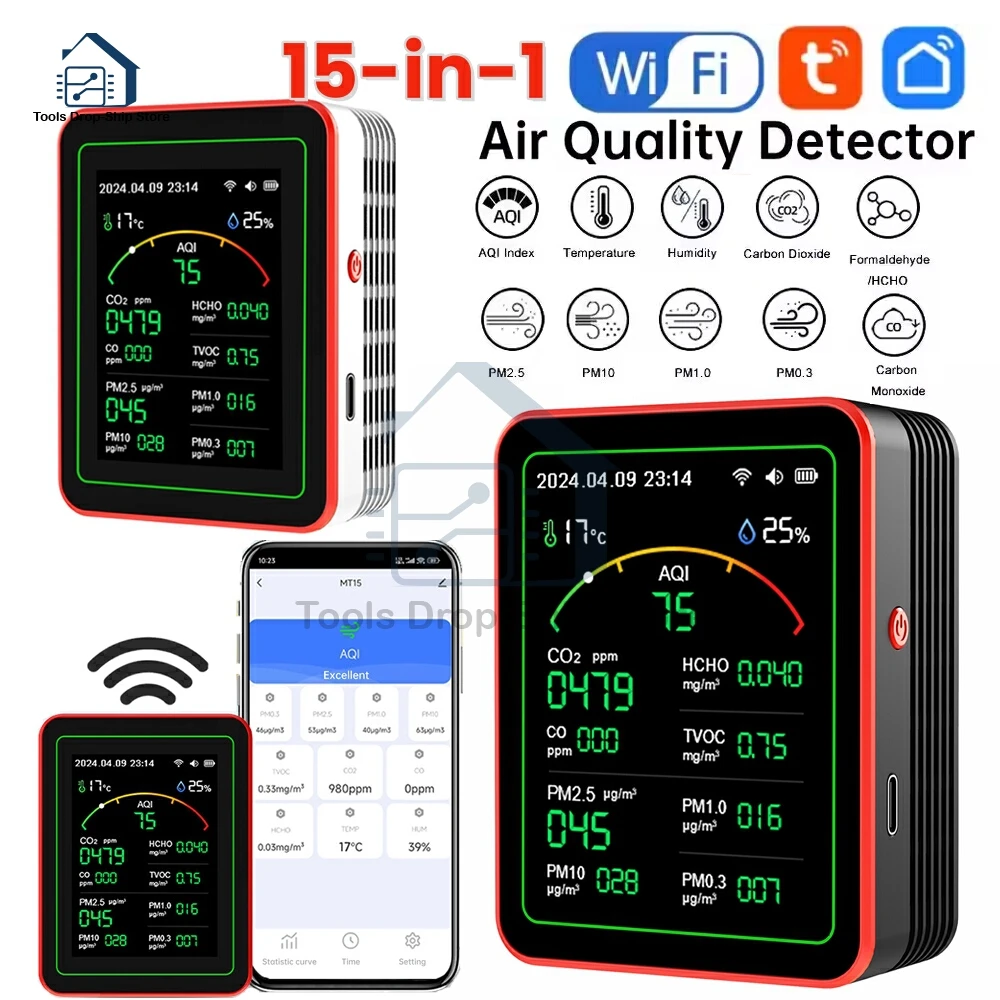 Tuya WiFi 15 in 1 Air Quality Detector TFT Display Portable AQI PM0.3 PM1.0 PM2.5 PM10 CO CO2 TVOC HCHO Tester APP Control
Tuya WiFi 15 in 1 Air Quality Detector TFT Display Portable AQI PM0.3 PM1.0 PM2.5 PM10 CO CO2 TVOC HCHO Tester APP Control 