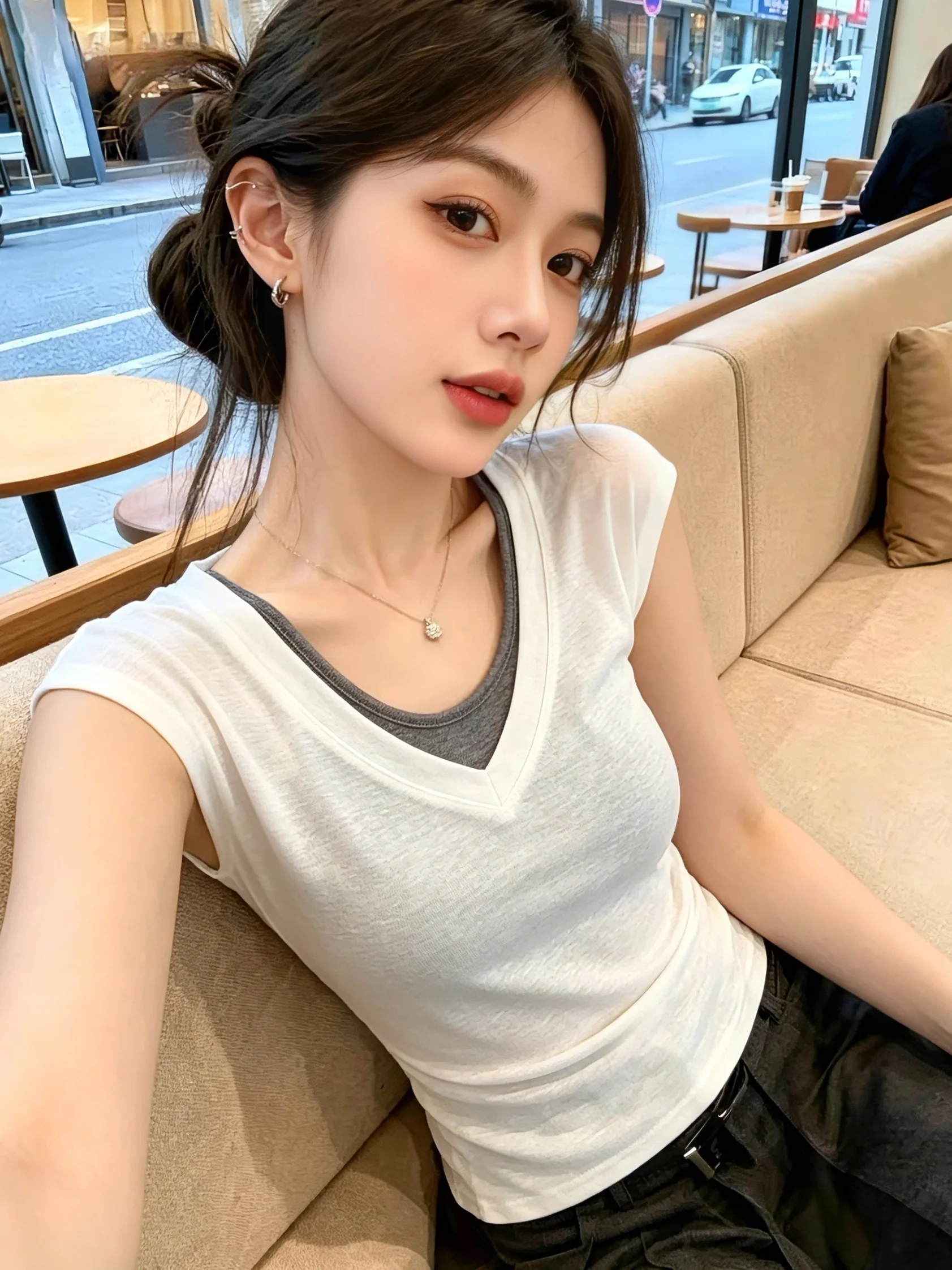 Slim Fit V-Neck T-Shirt Women's Summer New Style Self-Preserving Color Block Fly Sleeve Top Korean Style Commute Silk Fabric
Slim Fit V-Neck T-Shirt Women's Summer New Style Self-Preserving Color Block Fly Sleeve Top Korean Style Commute Silk Fabric